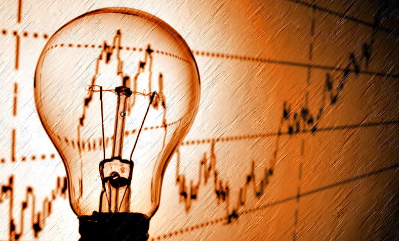 Lâmpada elétrica com fundo meio marrom e um gráfico ilustrando o consumo de energia